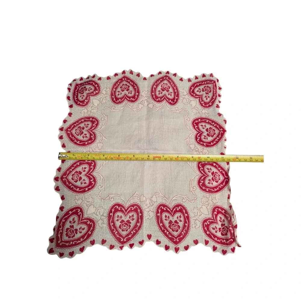 Vintage Heart Rose Scalloped Table Topper Red White Square Napkin 12.5in